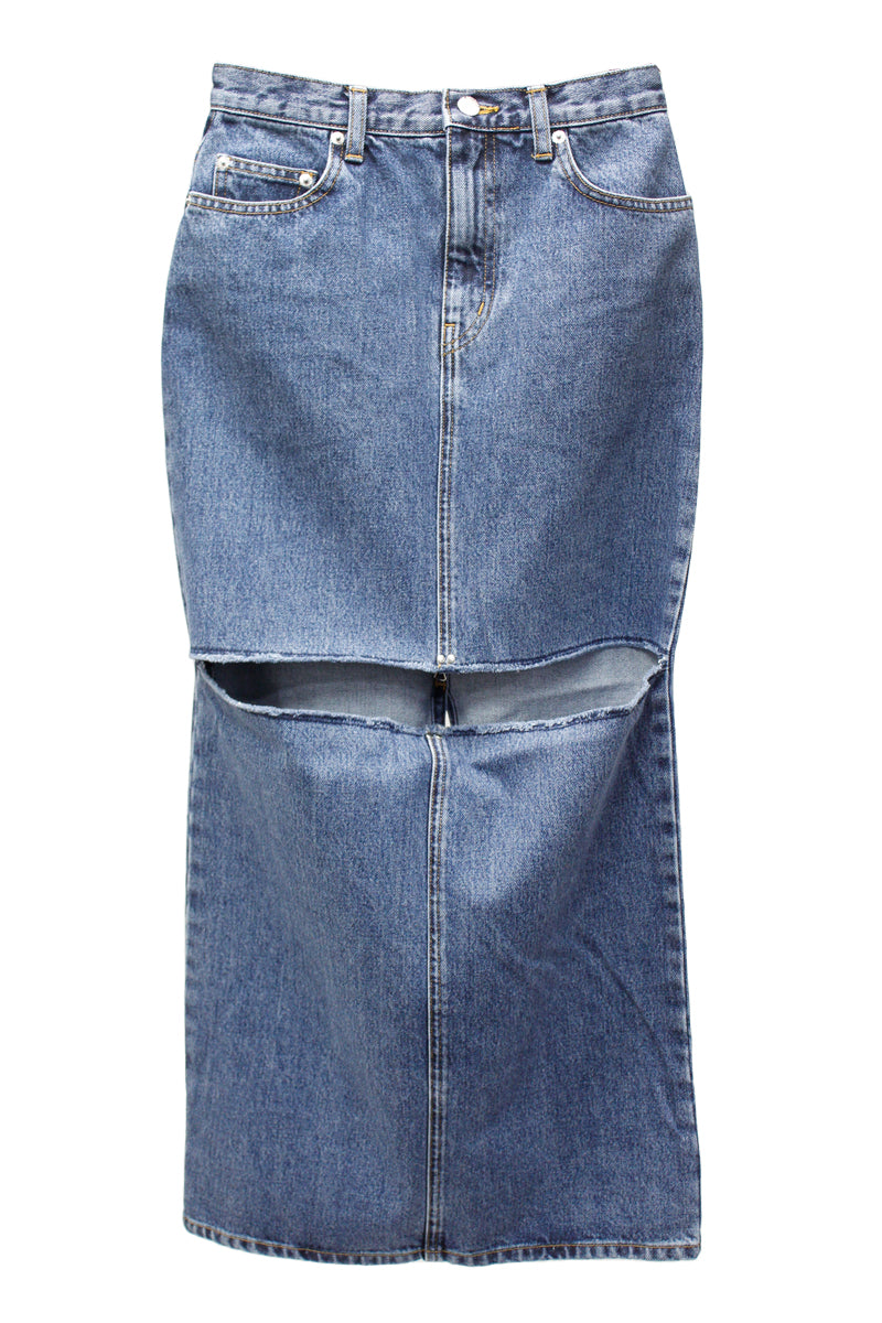 WASHED DENIM CUT-OFF SKIRT