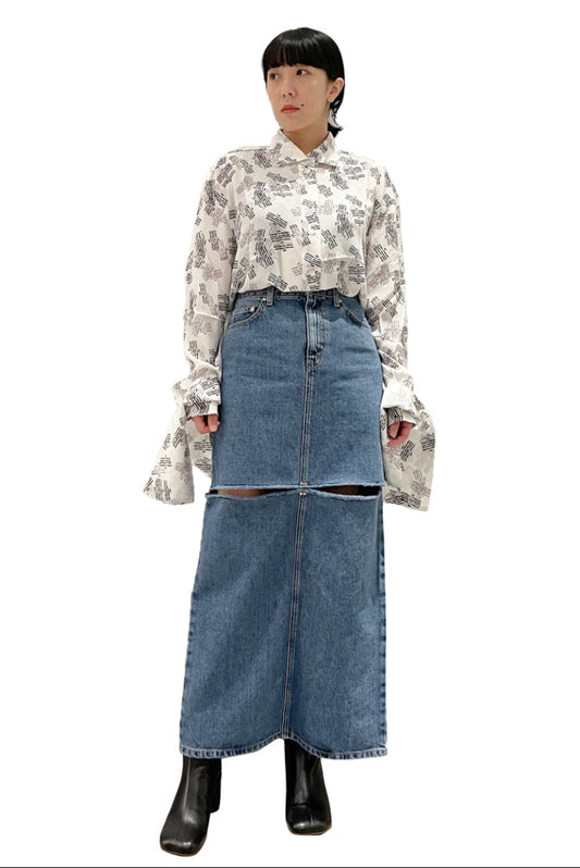 WASHED DENIM CUT-OFF SKIRT