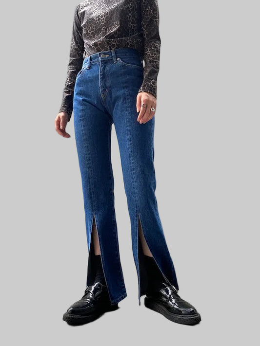 WASHED DENIM SLITTED PANTS